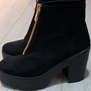 Black Suede Ankle Boots with Gold Zipper